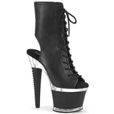 Pleaser SPECTATOR-1016 Black Pu 7 Inch (178mm) Heel, 3 Inch (76mm) Textured Platform Open Toe/Heel Lace-Up Front Ankle Boot, Inside Zip Closure